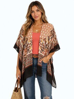 Rock It Brown Orange Floral Scarf Print Open Front Short Sleeve Kimono Top M/L